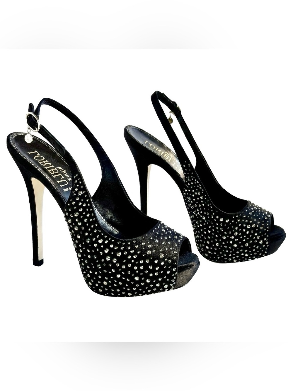 Loriblu Italy Black Satin Swarovski Crystal Buckle Peep Toe Heels Jeffrey 37 7